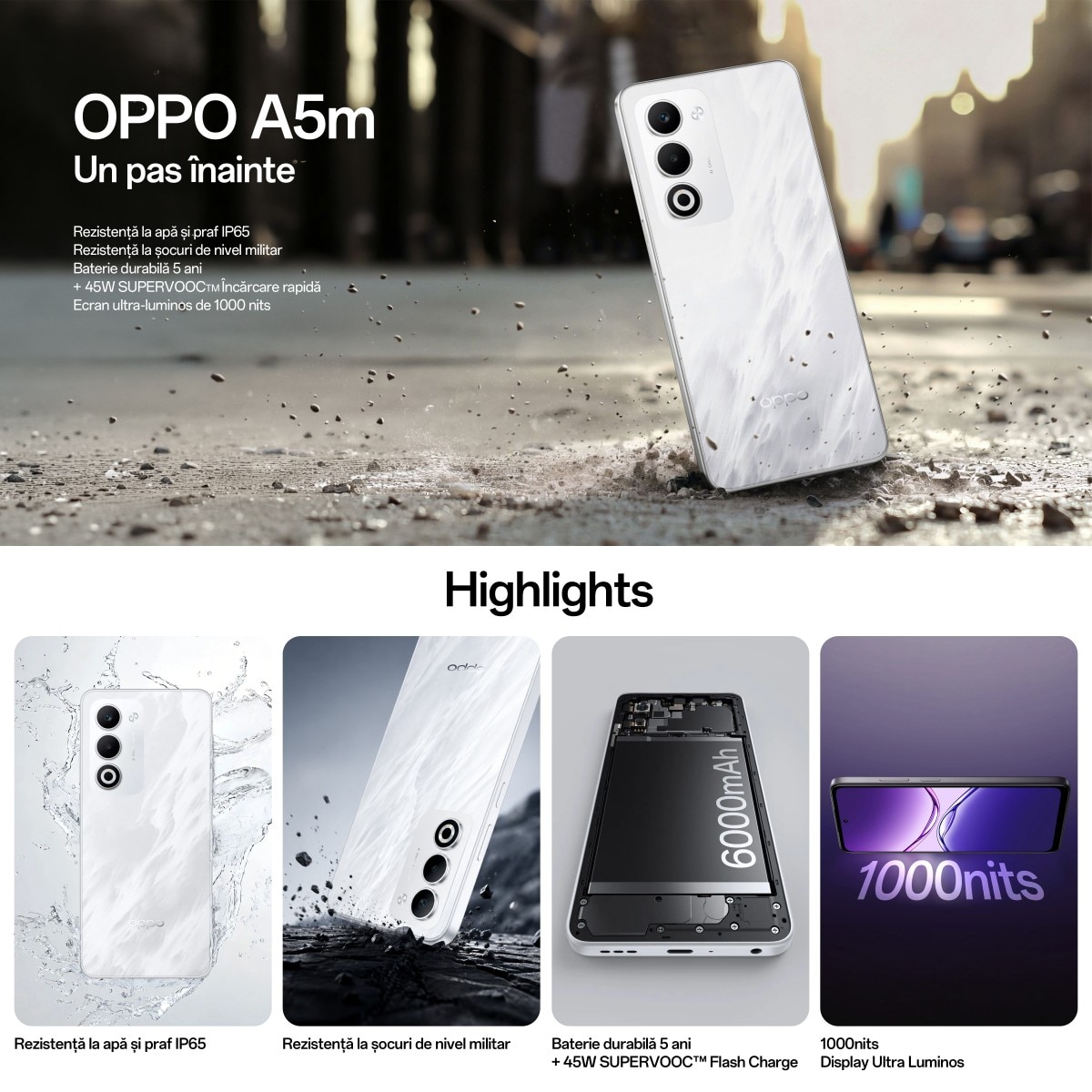 Telefon OPPO A5m 4G Dual SIM, 8GB RAM, 256GB, Baterie 6000mAh-Incarcator 45W SUPERVOOC Suplimentar, Misty White