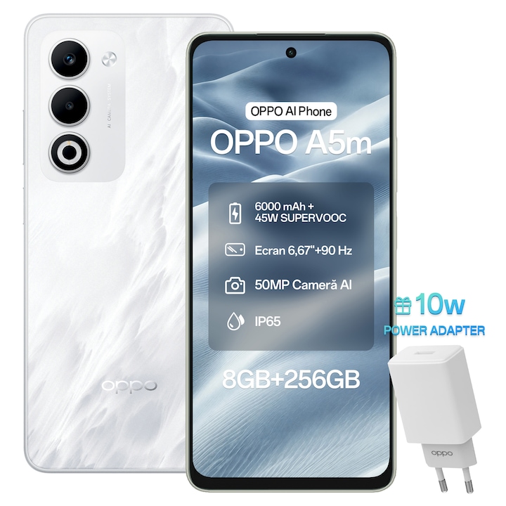 Telefon mobil OPPO A5m, 4G Dual SIM, 8GB RAM, 256GB, Baterie 6000mAh, 50MP Camera AI, Misty White + Incarcator OPPO 10W