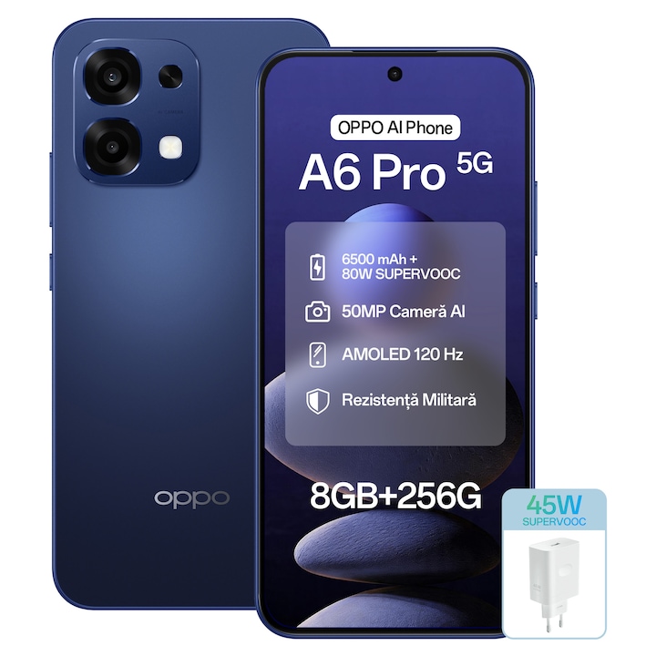 Telefon mobil OPPO A6 Pro, 256GB, 8GB RAM, 5G Dual SIM, 6500mAh, 50MP Camera AI, Stellar Black + Incarcator OPPO SUPERVOOC 45W