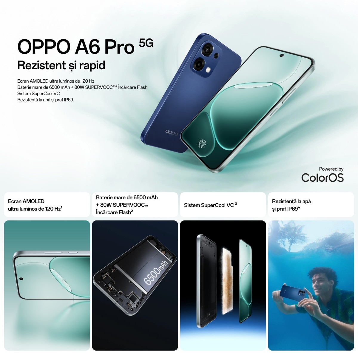 Telefon mobil OPPO A6 Pro, 256GB, 8GB RAM, 5G, Dual SIM, Baterie 6500 mAh, Camera AI, Albastru Stelar+Incarcator OPPO SUPERVOOC 45W Alb