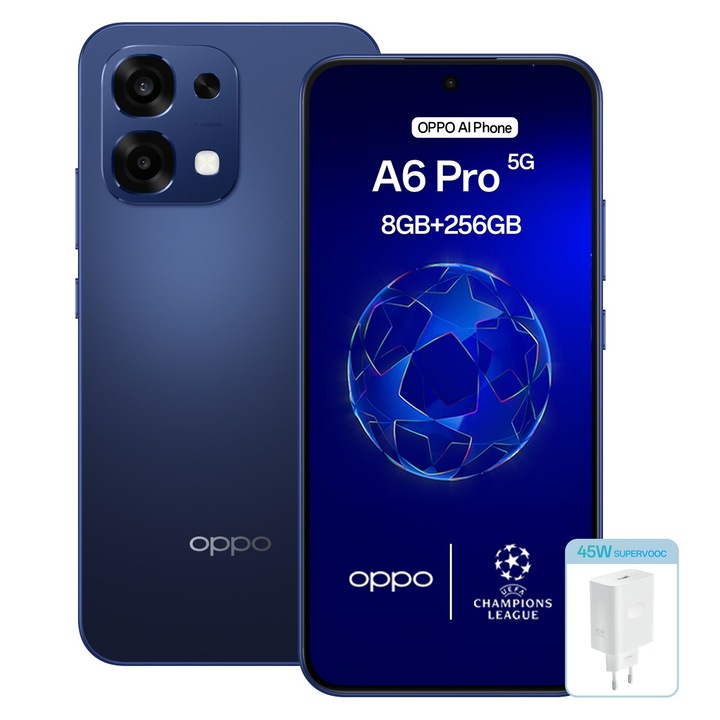 Telefon mobil OPPO A6 Pro, 256GB, 8GB RAM, 5G, Dual SIM, Baterie 6500 mAh, Camera AI, Albastru Stelar+Incarcator OPPO SUPERVOOC 45W Alb