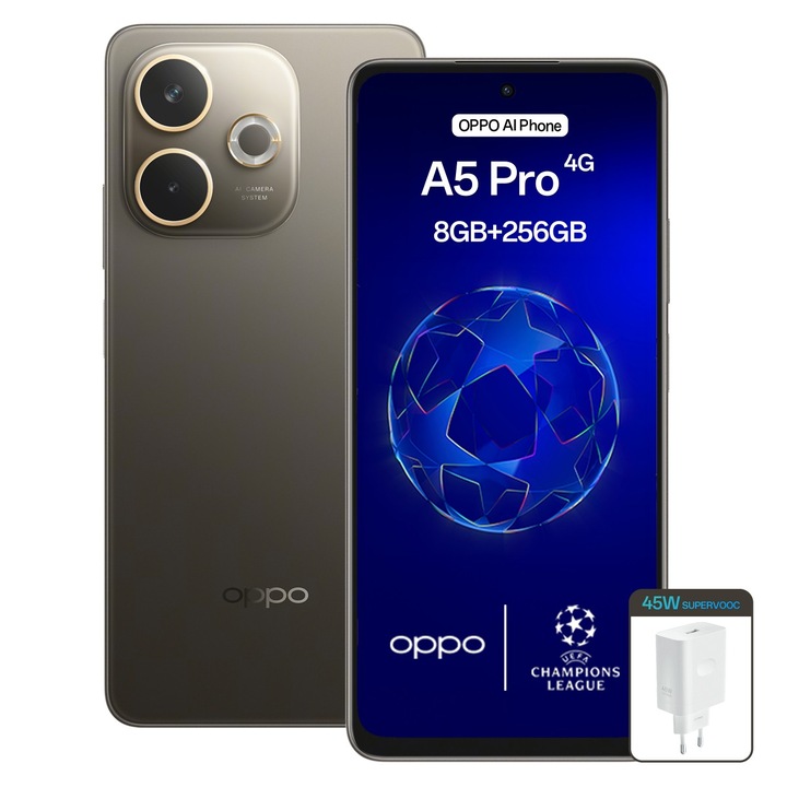 Telefon mobil OPPO A5 Pro, 256GB, 8GB RAM, 5G, Dual SIM, Baterie 5800 mAh, Camera AI, Maro Negru+ Incarcator OPPO SUPERVOOC 45W Alb