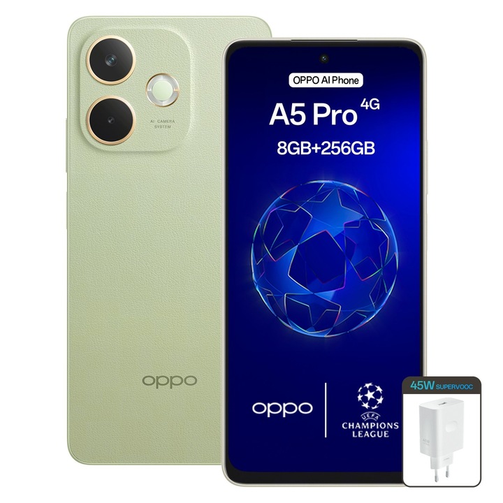 Telefon mobil OPPO A5 Pro, 256GB, 8GB RAM, 5G, Dual SIM, Baterie 5800 mAh, Camera AI, Verde+ Incarcator OPPO SUPERVOOC 45W Alb
