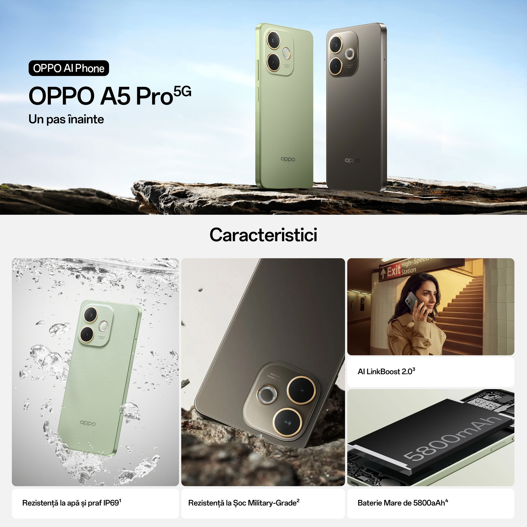 Telefon mobil OPPO A5 Pro, 256GB, 8GB RAM, 5G, Dual SIM, Baterie 5800 mAh, Camera AI, Verde+ Incarcator OPPO SUPERVOOC 45W Alb