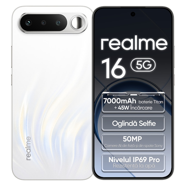 Telefon mobil Realme 16 5G, 256 GB, 8 GB RAM, baterie de 7000 mAh, IP69, alb