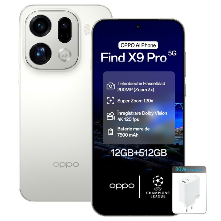 Telefon mobil OPPO Find X9 Pro, 512GB, 16GB RAM, 5G, Dual SIM, Baterie 7500 mAh, Incarcare Rapida 80W, Camera AI, Alb Matasos+Incarcator OPPO 80W SuperVOOC Dual Ports GaN