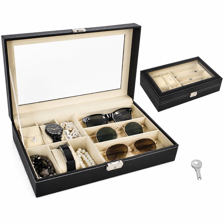 Organizer ceasuri si ochelari, 9 compartimente, inchidere cu cheie, 33.5 x 20.5 x 8 cm, piele ecologica sticla MDF, Negru