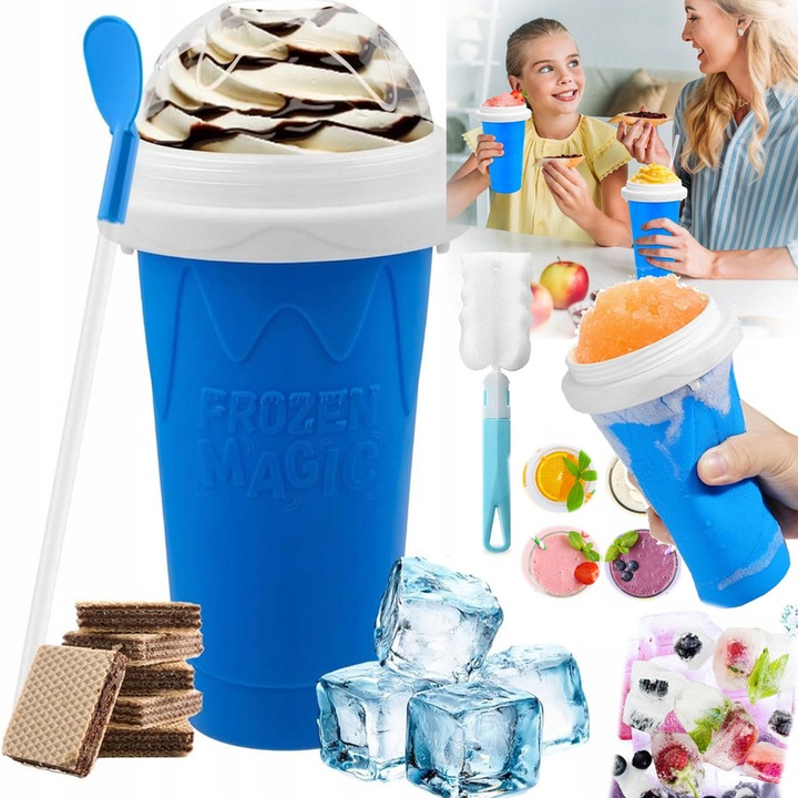 Kék fagylaltos pohár, Anikers, 350 ml, szilikon, kanállal és szívószállal, újrafelhasználható