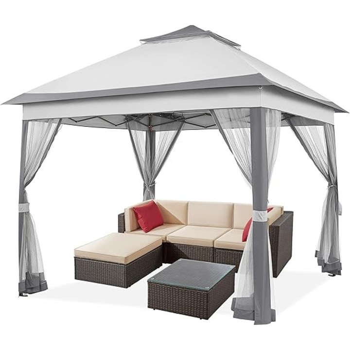 Yaheetech foisor 3, 3 x 3, 3 m impermeabil, stabil, tip pop-up pliabil, foisor de gradina cu inaltime reglabila, cu 4 panouri laterale tip plasa anti-tantari si acoperis dublu, cort pentru petreceri cu geanta de transport, gri deschis + gri inchis