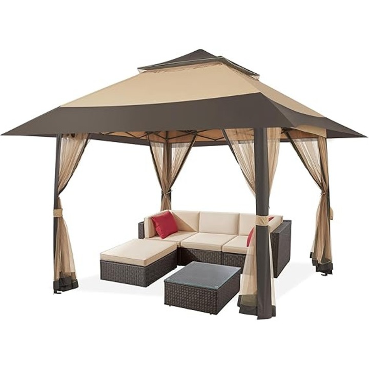 Foisor Yaheetech 4 x 4 m cu pereti laterali din plasa, foisor pliabil cu inaltime reglabila si acoperis dublu, impermeabil, stabil, rezistent la iarna, tip pop-up pentru gradina, cort de petrecere cu geanta de transport, culoare kaki + maro