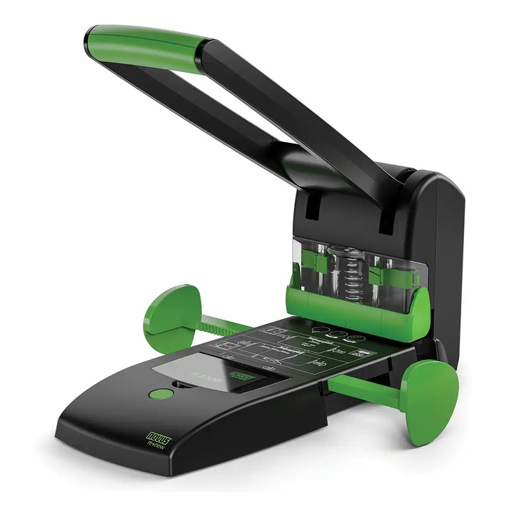 Perforator metalic de birou Novus B2200, durabil pentru utilizare profesionala, prevazut cu unitate de reglare glisanta pentru perforare variabila in patru gauri, 200 coli, negru