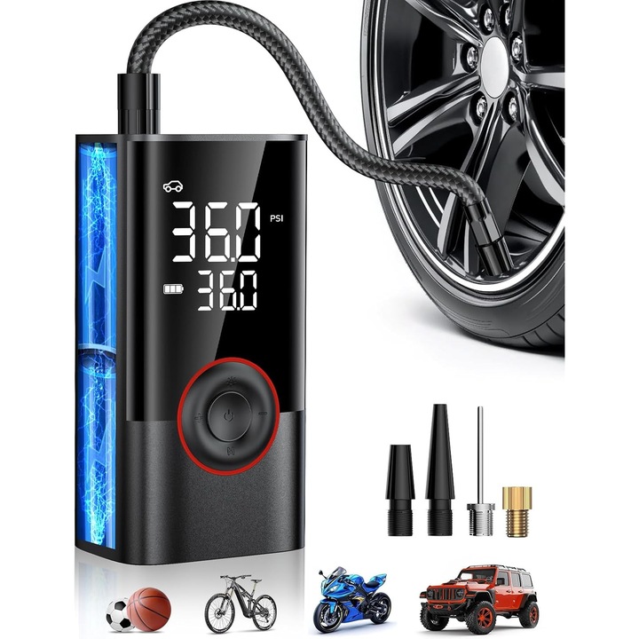 Hordozható Légkompresszor, Többfunkciós Autó-, Kerékpár-, Motorkerékpár- és Labdapumpa, 4000mAh Akkumulátorral, Digitális LCD Kijelzővel, 150 PSI, LED Zseblámpa, 5 üzemmód, 4 fej, Fekete