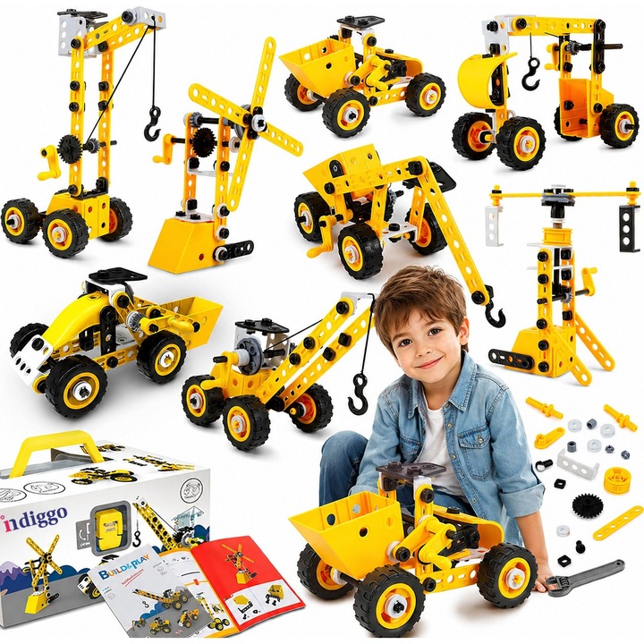 Set de Constructie 10in1 Interactiv BrainBox™ 100 Piese DIY, Model Multi-Utilaje Santier, Macara, Excavator, Stivuitor, Dezvoltare Abilitati STEM si Motricitate, Joc Educativ de Inginerie si Logica, +3 Ani, Yellow