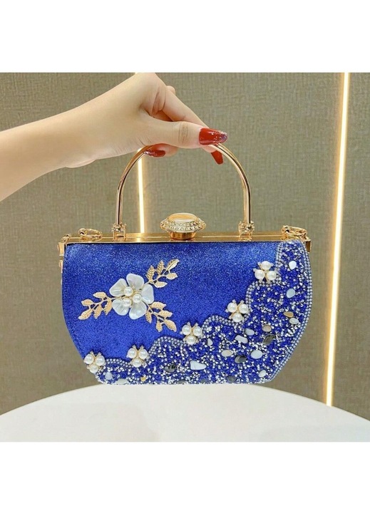Estélyi borítéktáska/clutch, textil csillámmal és gyöngy- és kristályapplikációkkal, merev szerkezet fém fogantyúval, kék