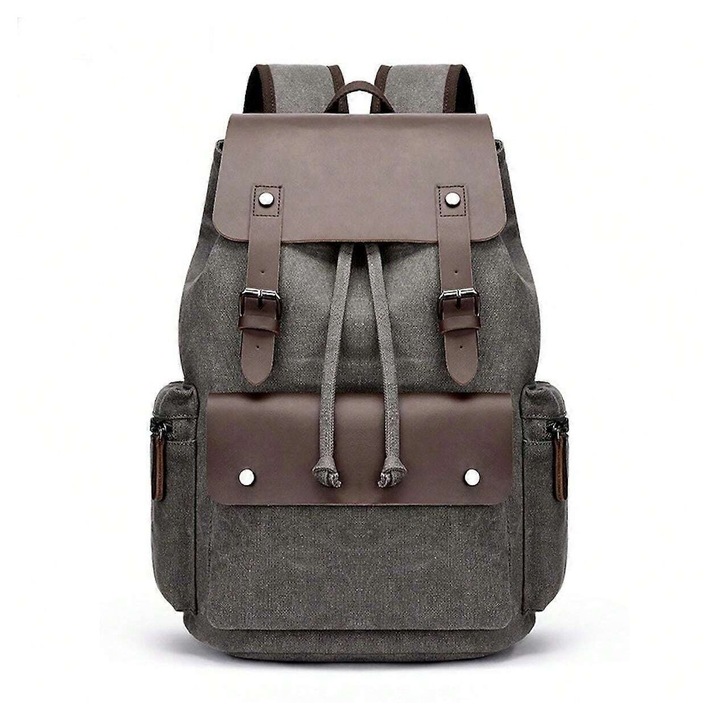 Textil laptop hátizsák műbőr részletekkel, kopásálló, nagy kapacitású, férfiaknak, Szürke