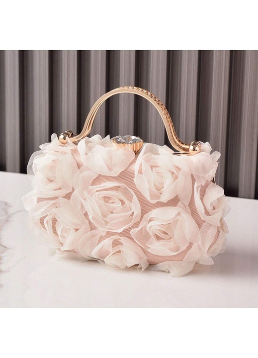 Geanta plic clutch din textil cu flori 3D, maner metalic auriu, alb