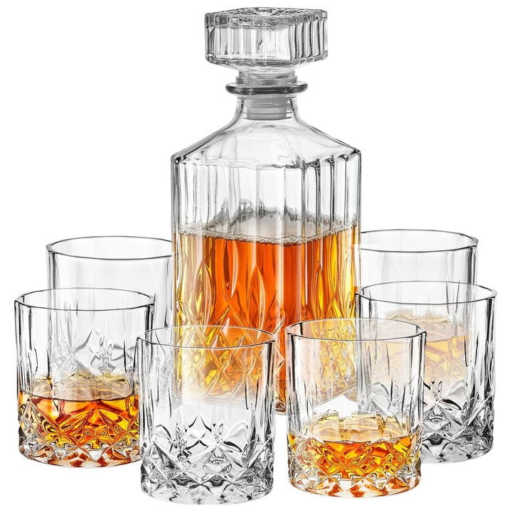 7 részes whisky dekanter szett, AFKSMILE, Dekanter 6 whisky pohárral, Kristálydugóval, Gyémántvágott design, Sima üvegszáj, Megvastagított üvegtalp, Szeszes italokhoz, skót whiskyhez, bourbonhöz, borhoz, Üveg, 1000ml/200ml, Átlátszó