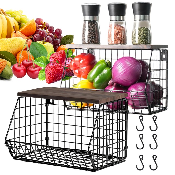 Juksun Cos de fructe decorativ, Set 2 cosuri depozitare metalice cu capac lemn, organizator bucatarie si baie, suprapozabil, montare perete, otel carbon, ideal pentru depozitarea fructelor si legumelor