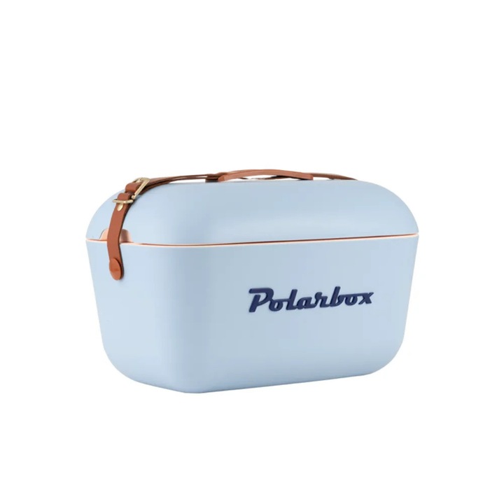 Хладилна чанта Polarbox, Bruma Denim, капацитет 12 литра, ретро дизайн, поддържа напитките и храната студени, идеална за пикник/плаж/туризъм, система за затваряне с катарами, херметично затваряне, кожена презрамка, пастелно синьо