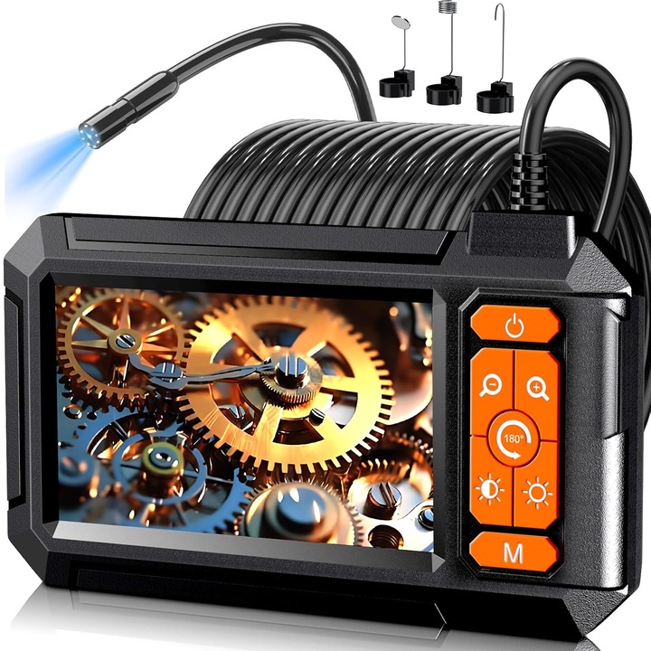Professzionális Ipari Endoszkóp, 8 LED lámpa, 11 cm-es IPS Színes LCD Kijelző, 1080P HD Videókamera, 5m Kábel, 8mm Lencse, Tartozékokkal, IP67 Vízálló, Fekete