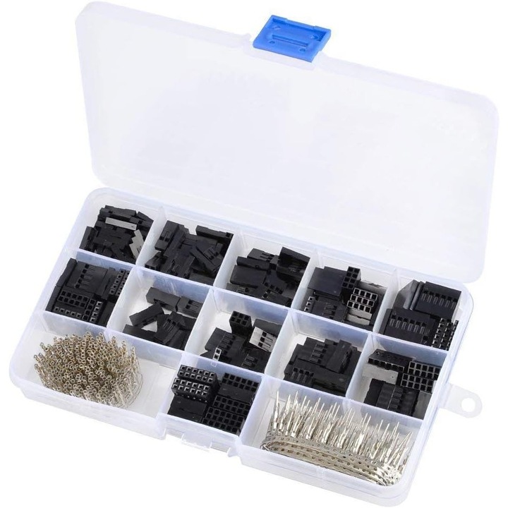 Set conectori DuPont Puepoul, 620 piese 2.54mm, mama si tata, 1-6 pini, cutie organizatoare, transparent