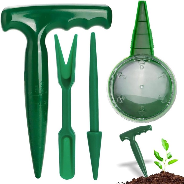 Set de 4 instrumente pentru plantarea bulbilor - Instrument pentru plantarea bulbilor - Masina de plantat bulbi, Include perforator de plantare, dozator de seminte, masina de transplantat rasaduri (verde)