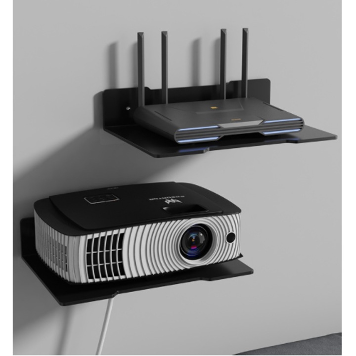 Rafturi de perete metalice negre, set de 2, rafturi de perete de 30 cm cu gauri pentru cabluri, nu necesita gaurire pentru living, dormitor, baie, bucatarie etc