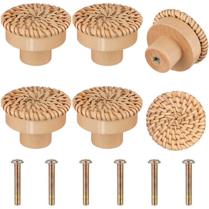 6 bucati manere pentru mobilier din lemn de ratan, manere pentru mobilier din lemn, manere pentru sertare, manere pentru usi de dulap, manere rotunde pentru mobilier din lemn, manere pentru mobilier din lemn pentru dormitor, bucatarie, birou
