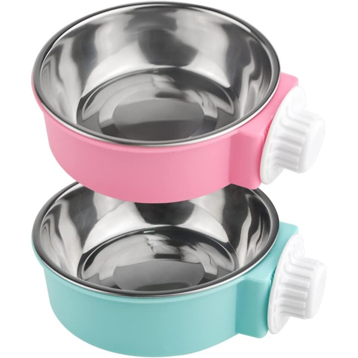 Set de 2 boluri suspendate detasabile din otel inoxidabil (inox), boluri pentru hrana si apa, perfecte pentru pisici, catei, pasari, sobolani, dihori (roz + albastru)