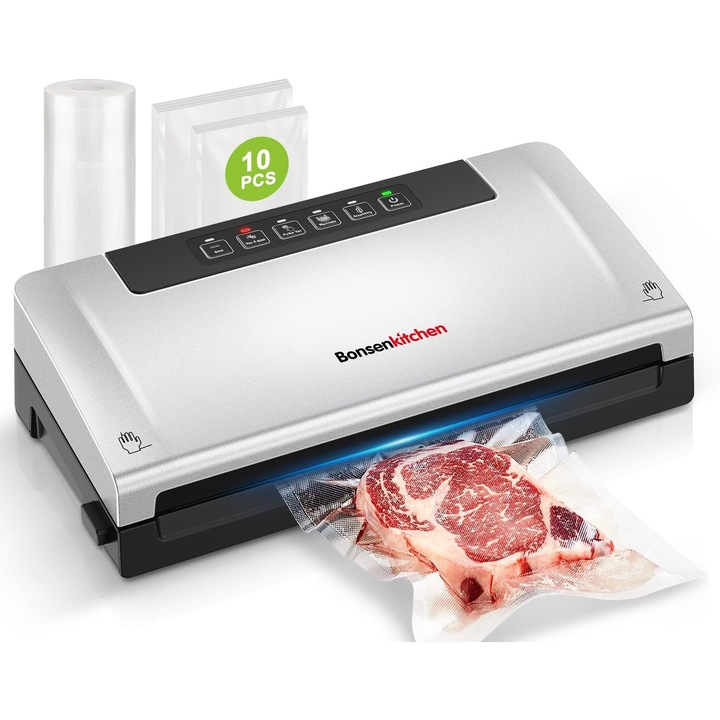 Aparat de vidat Bonsenkitchen VS3000, 5 moduri, 130W, cutter integrat, depozitare pungi, Plastic, culoare Argintiu