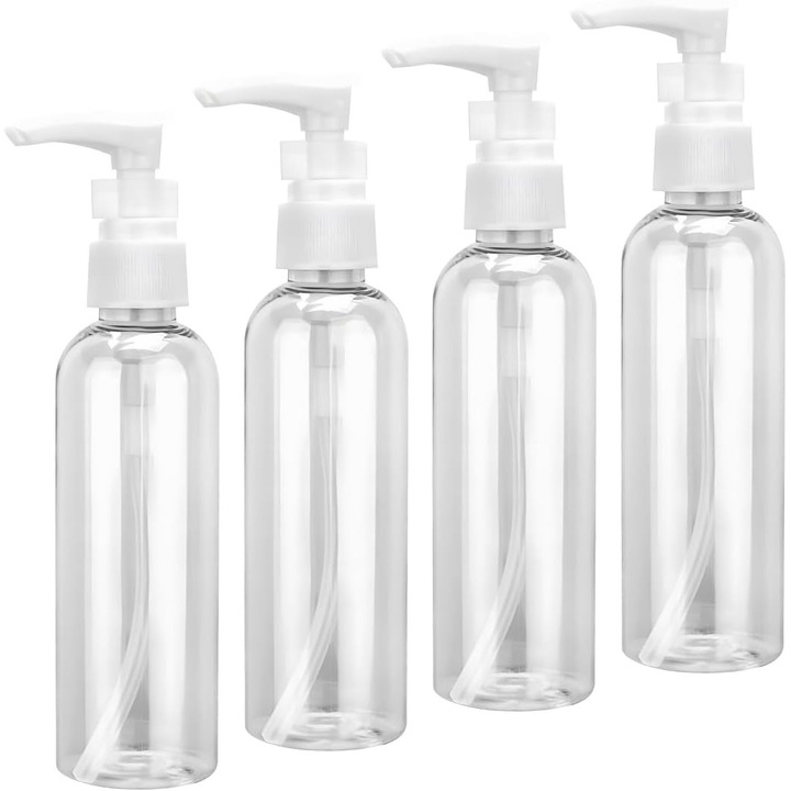 4 db üres flakon szett pumpával, 100 ml-es átlátszó utazóflakonok, műanyag pumpás utazóflakon, lotion adagoló, sminkhez, lotionhoz és samponhoz