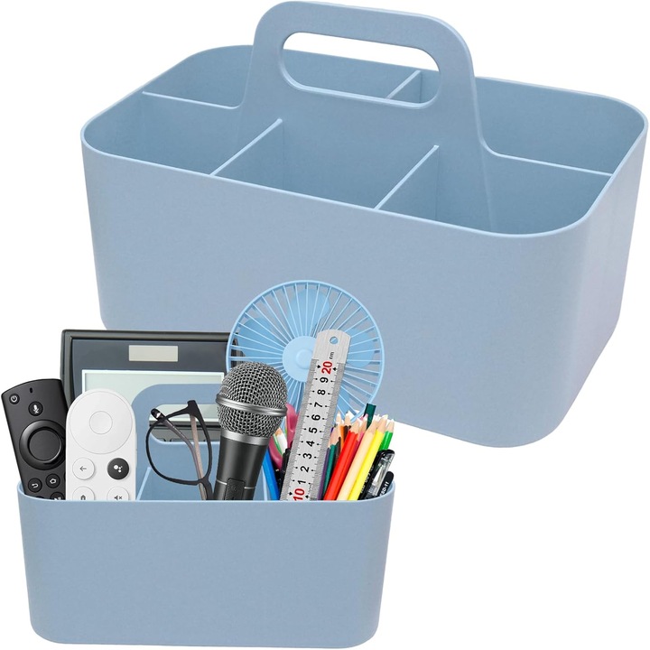 Cos organizator cu maner, cos din plastic multifunctional cu 5 compartimente, cos de curatenie stivuibil, cos portabil DIY, cos de birou pentru arta, machiaj (albastru, 1 buc)