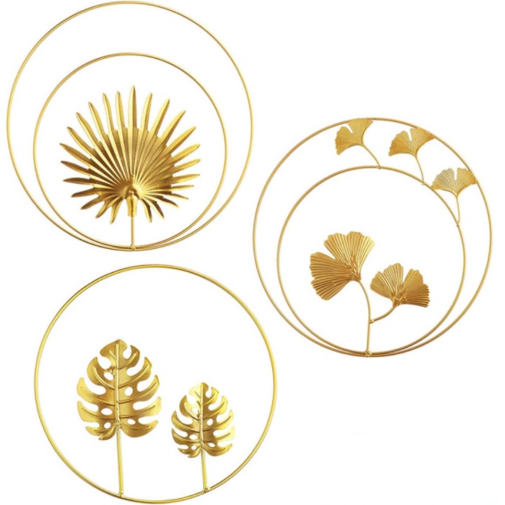 Set de 3 decoratiuni de perete suspendate din metal auriu cu Ginkgo Biloba, in forme rotunde de frunze, pentru sufragerie, camera de fete, decor de perete interior