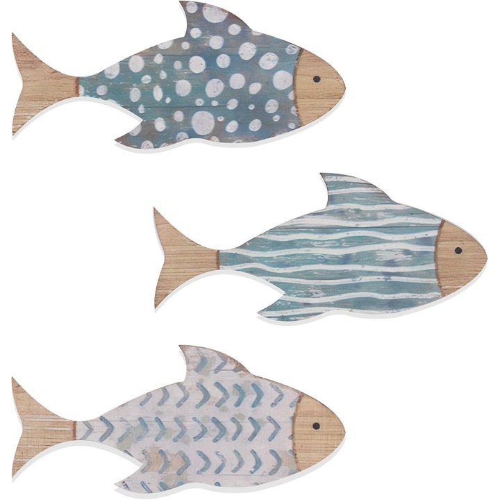 Set de 3 decoratiuni din lemn pentru coasta cu tematica de plaja, dormitor vintage, casa nautica cu lac si ocean, casa din lemn in forma de peste, baie, living