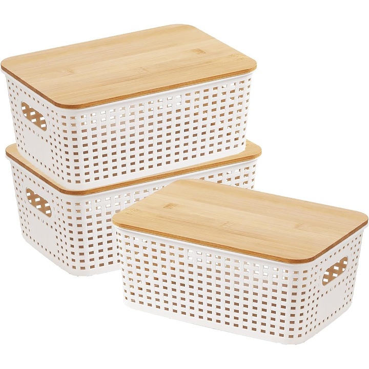 Cutie de depozitare din 3 piese cu capac, lada de depozitare din plastic cu capac din bambus, 5L, 25, 3 x 18, 1 x 10, 7 cm, cosuri de depozitare albe pentru bucatarie, baie, dormitor