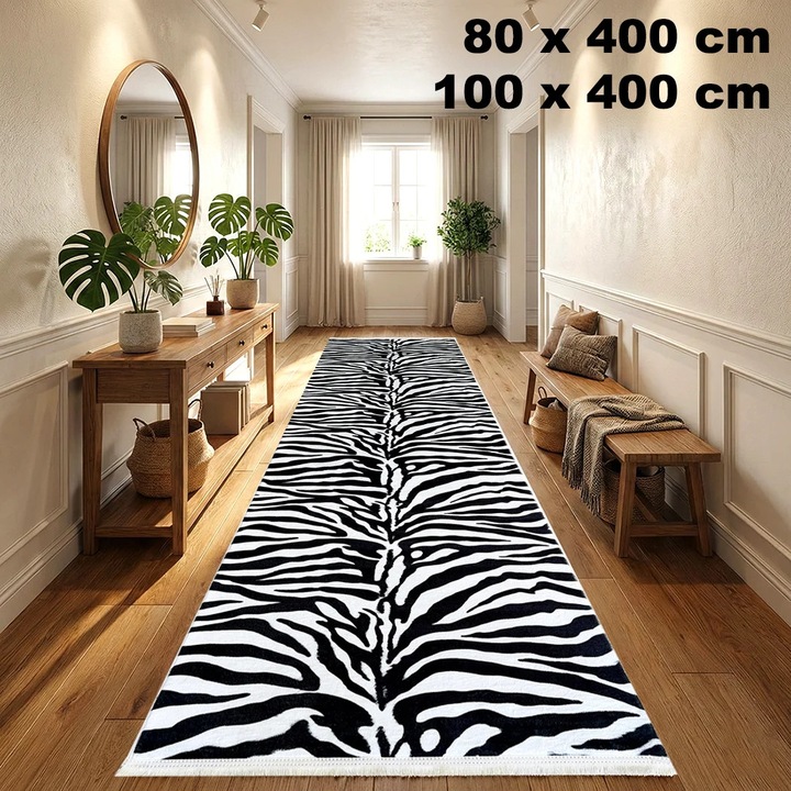 Traversa hol antiderapanta, 80X400 cm, model zebra, alb cu negru