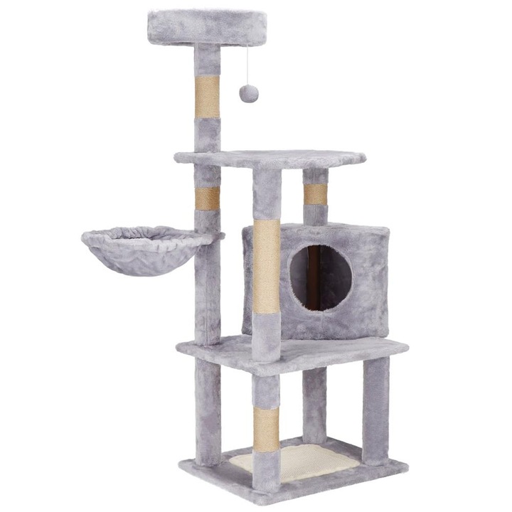Ansamblu joaca pisici loc zgariat ascunzatoare culcus minge, 124 cm, stalpi sisal, gri