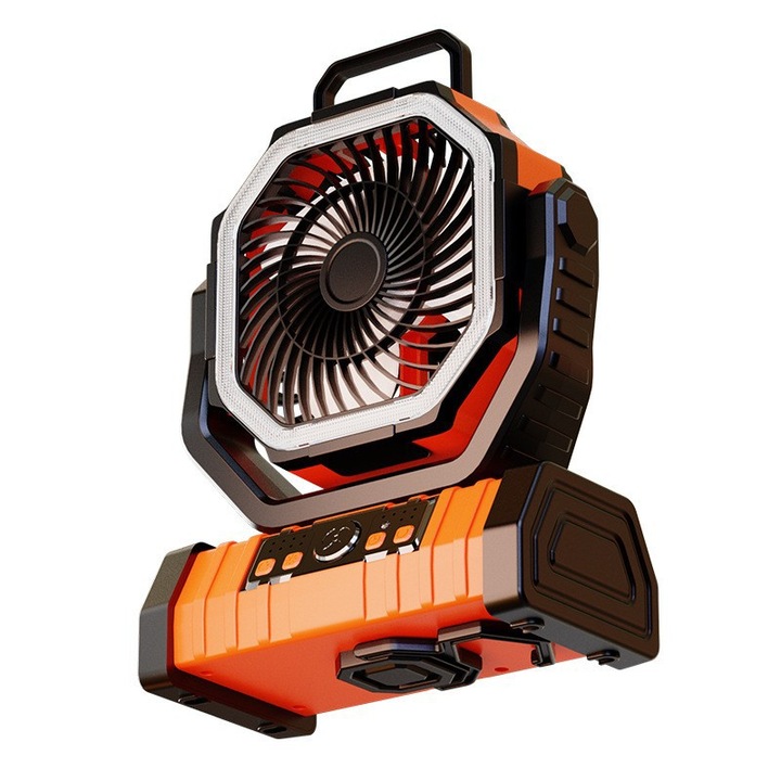 Kemping ventilátor, 4 sebességfokozat, 3 fényerősségi fokozat, 20.000 mAh, ORBER, 360°-ban manuálisan forgatható, világítás funkcióval, Type-C porton keresztül tölthető, távirányító, ABS anyag, 223 × 114 × 284 mm, narancssárga
