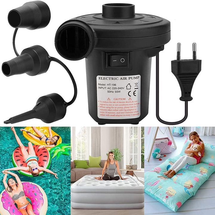 2 az 1-ben elektromos pumpa matracokhoz, labdákhoz és medencékhez, 55W, 3 cserélhető fúvókával, légáramlás 380 L/perc