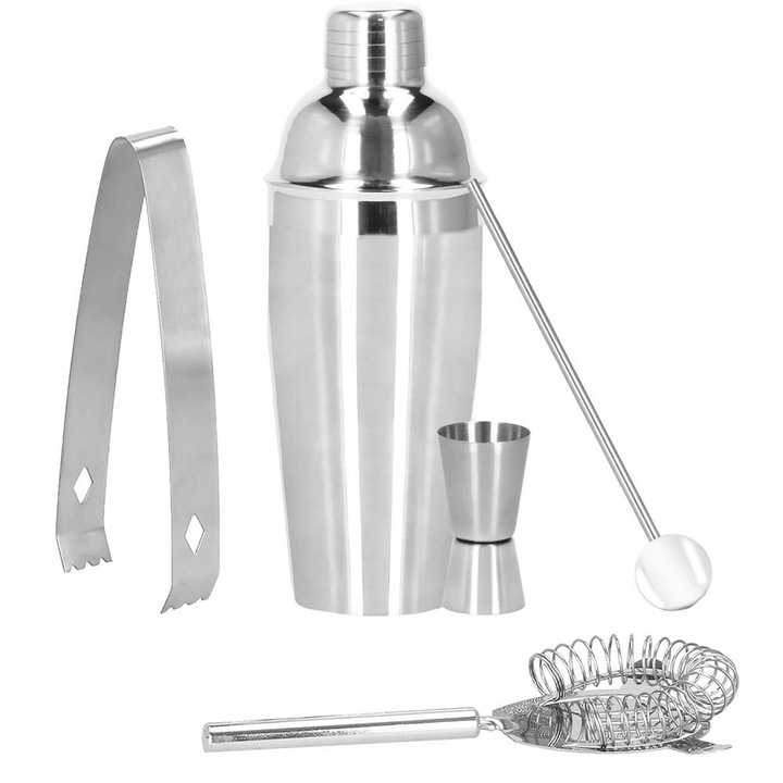 Set cocktail shaker kit barman 750 ml otel inoxidabil, 5 piese, design elegant, argintiu