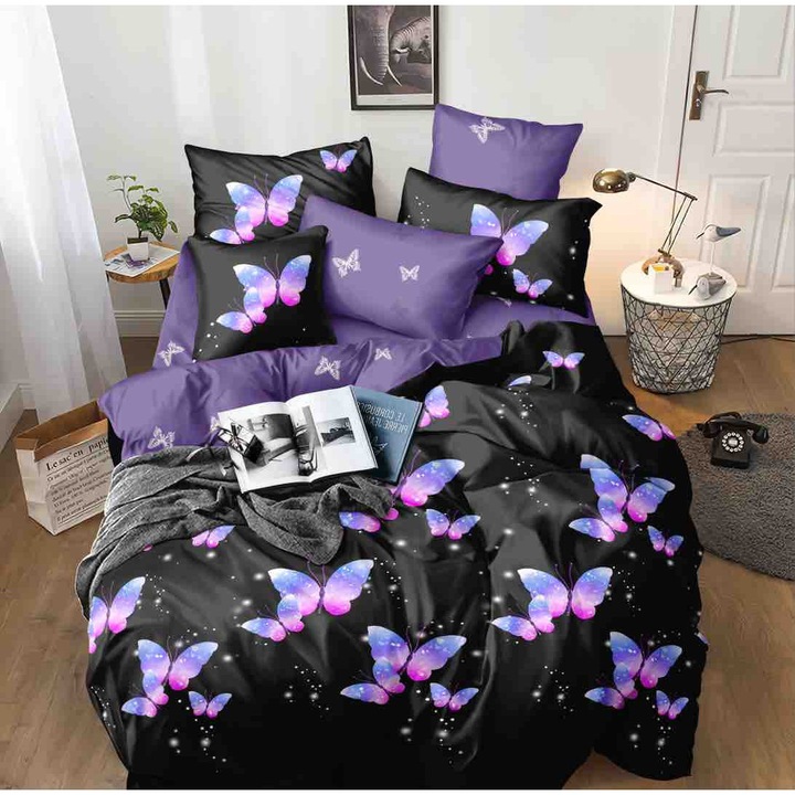 Set lenjerie de pat single, Jojo Home, 4 piese, cearceaf fara elastic 155x230cm, cu imprimeu, Fluturi Mov