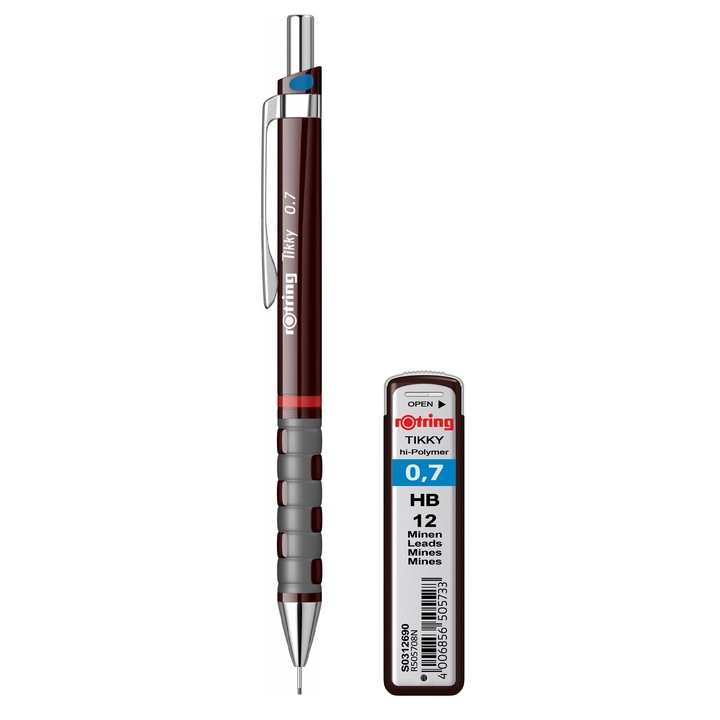 Set creion mecanic 0.7, Rotring, culoare grena cu set de mine 0.7, HB, Rotring