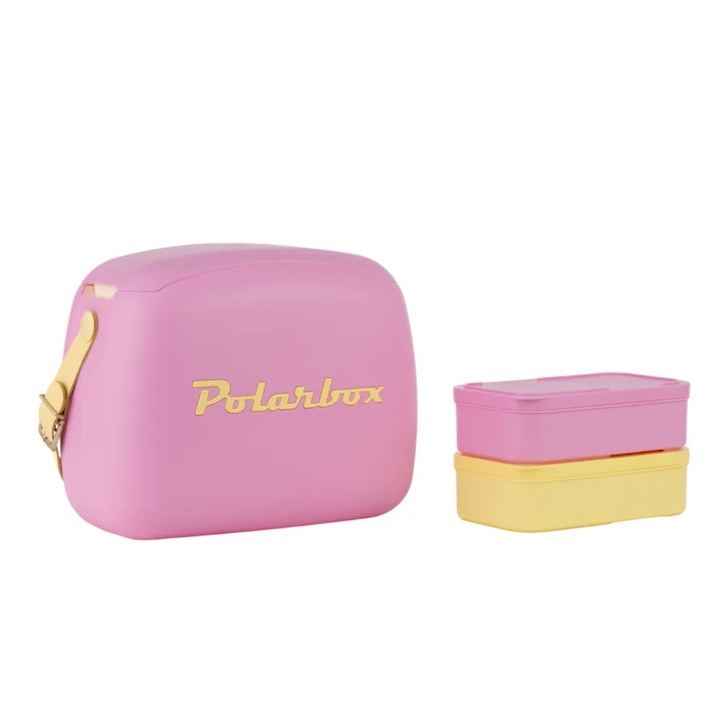 Polarbox hűtőláda, Pop, 6 literes űrtartalom, 2 ételtartó dobozzal, retro design, hidegen tartja az italokat és ételeket, ideális piknikre/strandra/túrázásra, légmentes záródás, állítható bőr pánt, rózsaszín