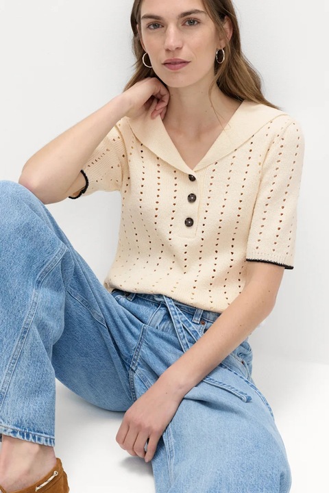 Marks & Spencer, Pulover cu maneci scurte si revere decupate, Alb fildes/Maro camel, L
