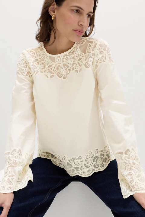 Marks & Spencer, Bluza cu broderie florala si maneci lungi, Alb fildes