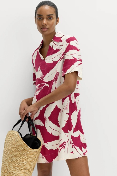 Marks & Spencer, Rochie-tricou polo din amestec de in cu imprimeu tropical, Roz zmeuriu/Alb optic