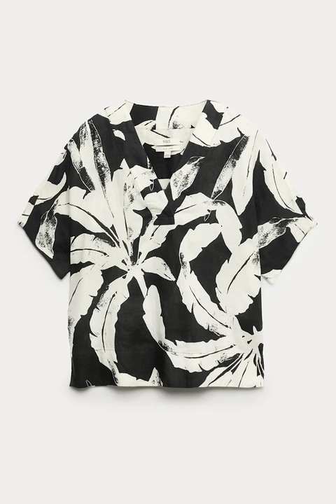 Marks & Spencer, Bluza din in cu maneci scurte si decolteu in V, Negru/Alb murdar