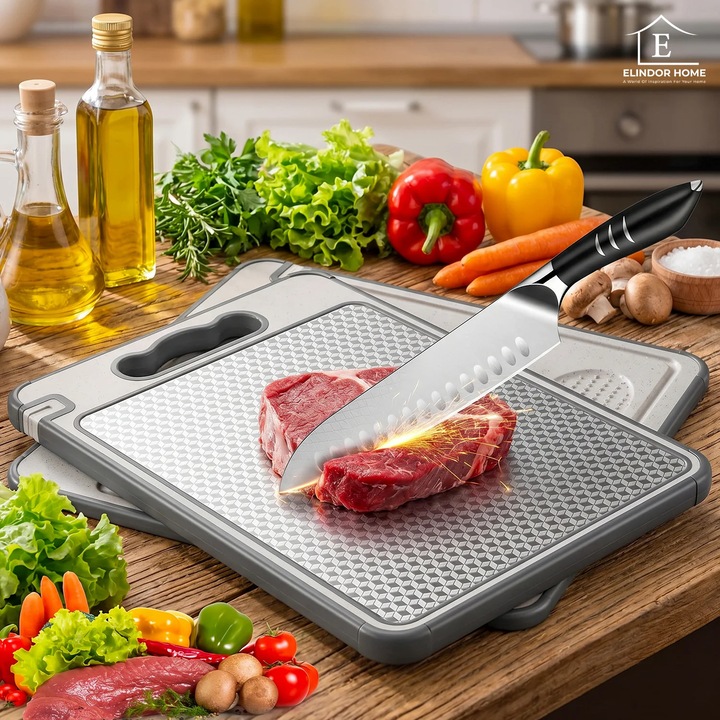Tocator Elindor® din Otel Inoxidabil SUS304 + PP, Anti-alunecare, cu Maner, Reversibil 2 in 1, Ideal pentru Taierea si Servirea Legumelor, Fructelor, Branzeturilor sau Carnii, 36.5 × 25 × 0.8 cm, Argintiu