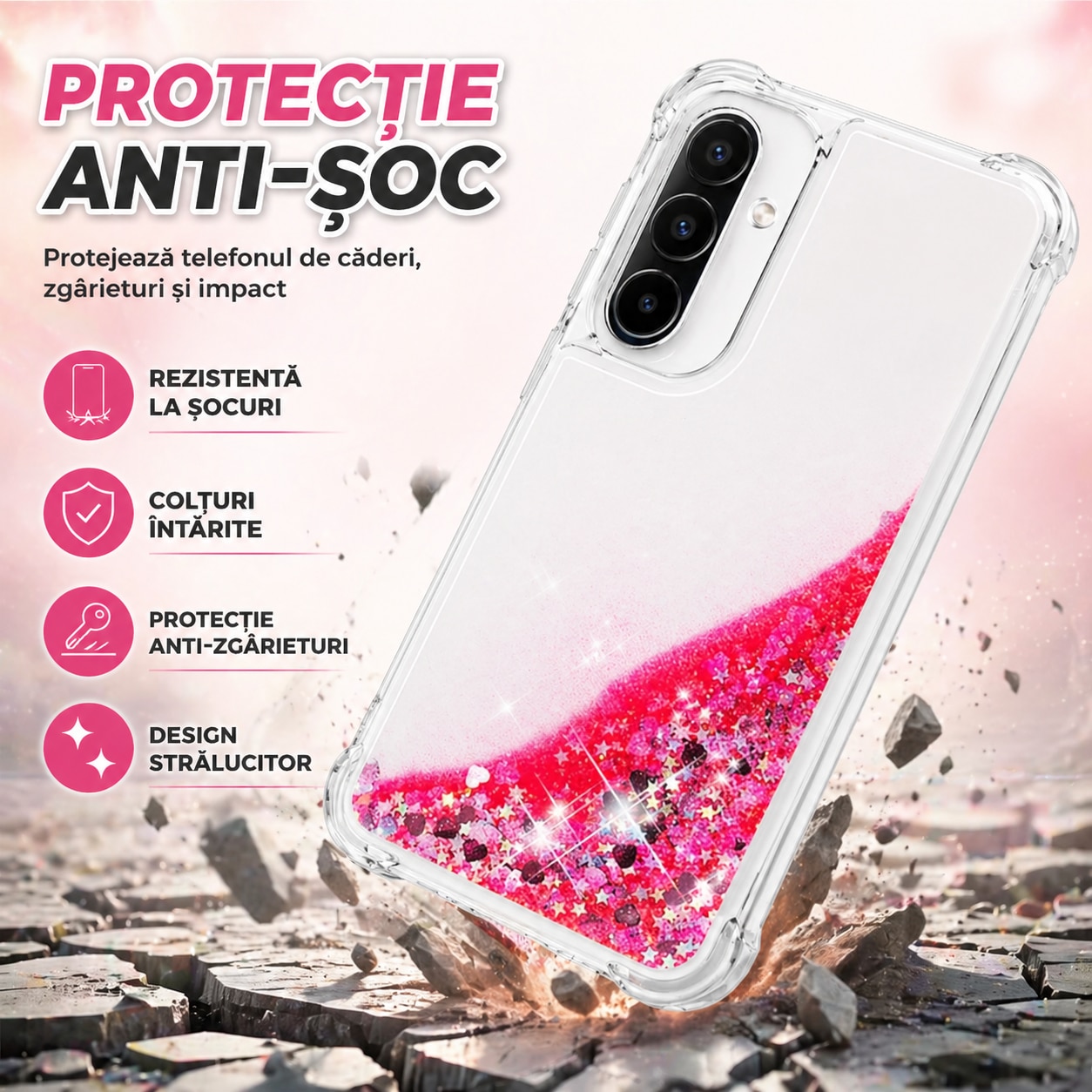 Husa pentru Samsung Galaxy A36, cu Apa si Sclipici, Glitter, Fashion, protectie camera, Roz, ISAG