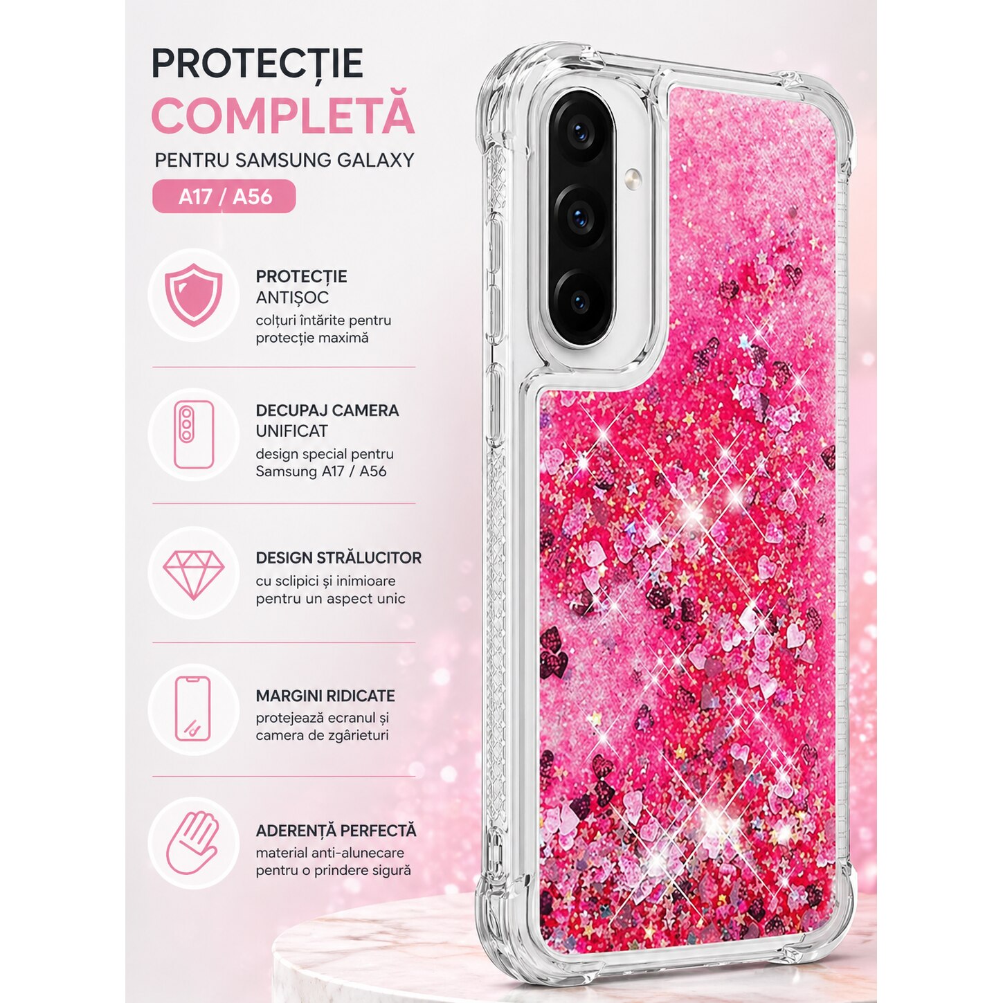 Husa pentru Samsung Galaxy A36, cu Apa si Sclipici, Glitter, Fashion, protectie camera, Roz, ISAG